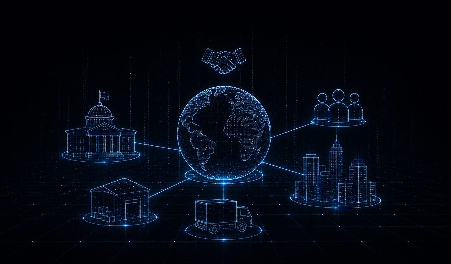 Connected multi-sector ecosystem — government, business, community, logistics and global delivery linked through AGSL
