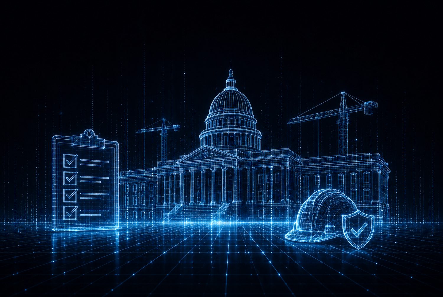 Institutional and public infrastructure — government building with compliance checklist and construction readiness